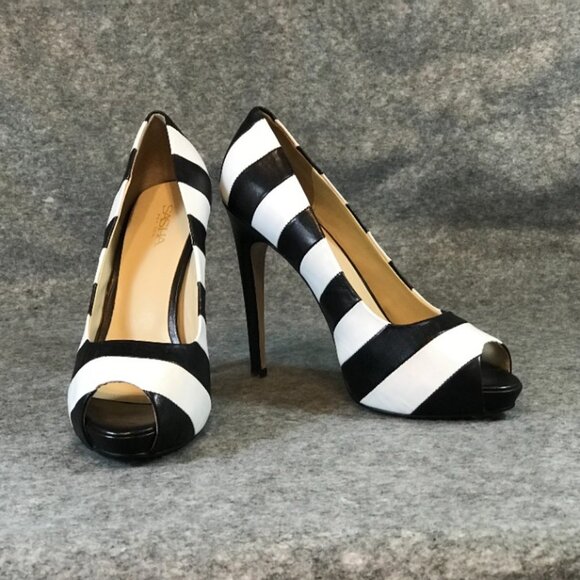 Sasha New York Leather Black and White Stripes Heel Peep Toe Shoes - Picture 5 of 12